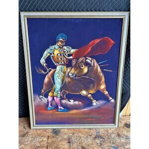 Vintage Velvet Matador Painting 1960s Bullfighter Framed Large Mid Century Art